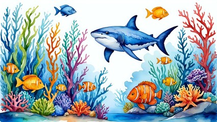 Fototapeta premium fish and coral reef water color