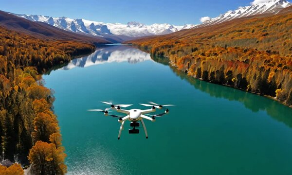 Drone Hovering Above a Peaceful Mountain Lake
