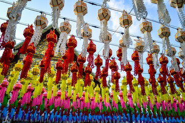 Fototapeta premium Light and Color in colorful​ Lantern​ Festival​ at Wat Phra That Hariphunchai in Lamphun, Thailand, South East Asia