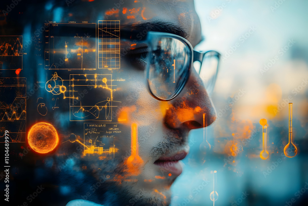 Poster a profile of a thoughtful individual with scientific data overlays, symbolizing innovation.