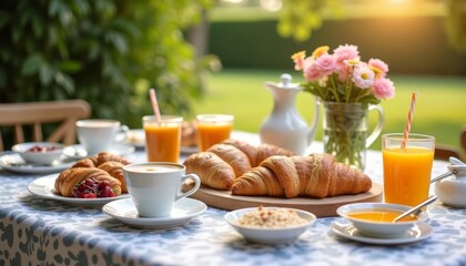 A table set for breakfast with croissants, pastries, coffee, fruit, and orange juice in a sunny patio