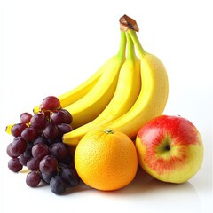 fresh assorted fruits including bananas, grapes, oranges, and apples