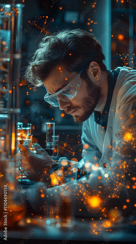 Aufkleber A scientist in a lab, focused on an experiment with glowing elements around him.