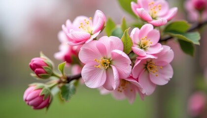 Obraz premium A close-up of pink cherry blossoms on a branch