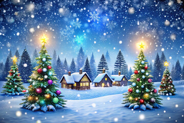 Idyllic snow-covered village with illuminated Christmas trees under a starry night.