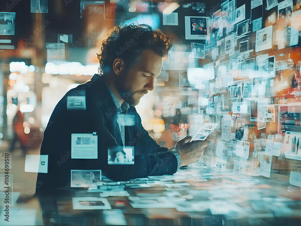 Poster A man interacts with digital images in a futuristic setting, exploring technology and creativity.