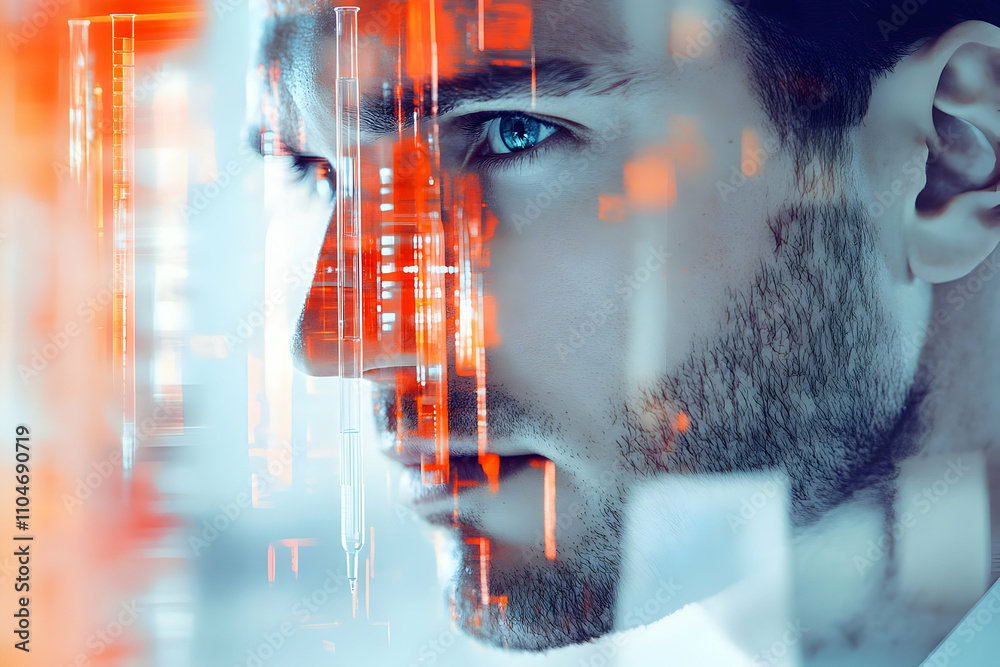 Poster a close-up of a man's face with digital overlays, symbolizing technology and innovation.