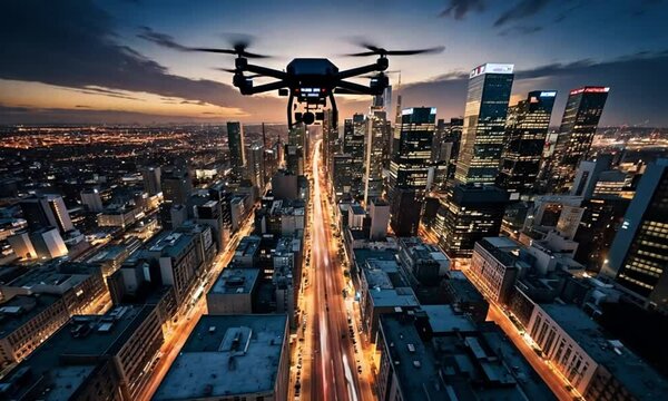 Drone hovering over a bustling cityscape at twilight