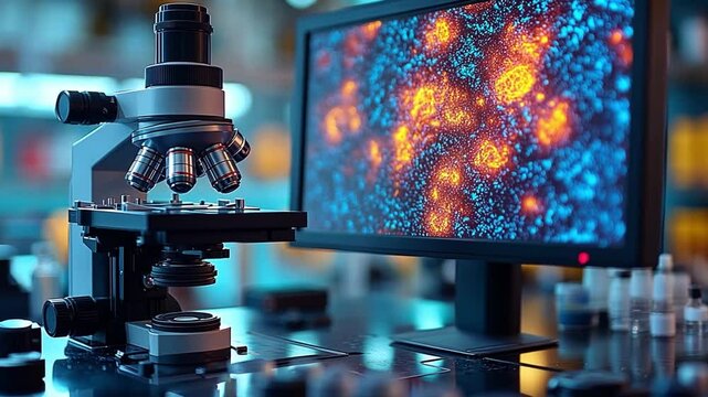 Advanced microscope and computer display showing vibrant cellular structures in a laboratory setting