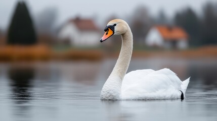 Obraz premium Elegant Swan Gliding on Calm Water with Blurred Background Homes