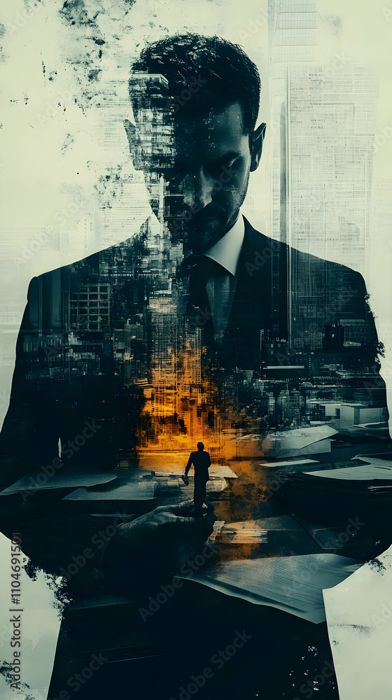Poster a man in a suit stands in a surreal urban landscape, blending reality and introspection.