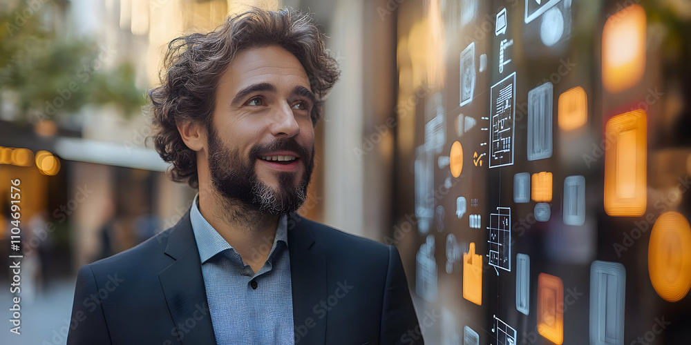 Aufkleber A man in a suit smiles while standing near a digital display with various icons.