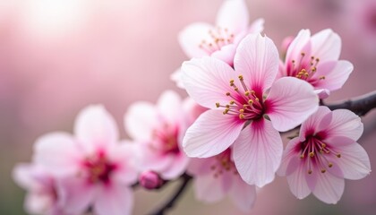 Fototapeta premium A close-up of pink blossoms on a branch or Pink cherry blossoms in bloom