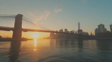 sunrise over a city skyline with a bridge reflecting in the water