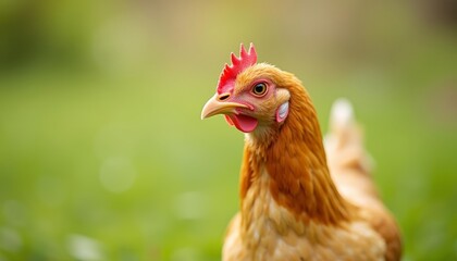 Close-up of a brown rooster with red comb on green grass