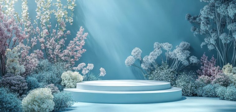A colorful floral arrangement complements a white display podium. 