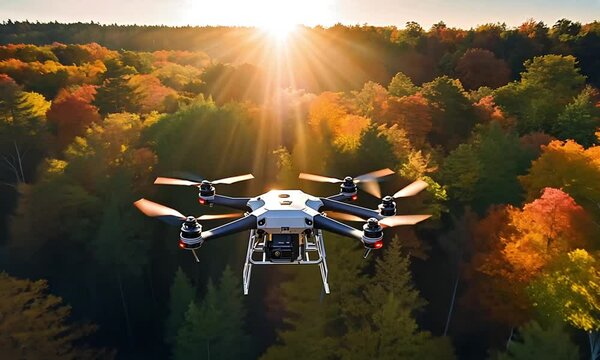 Drone hovering over a sun-dappled forest