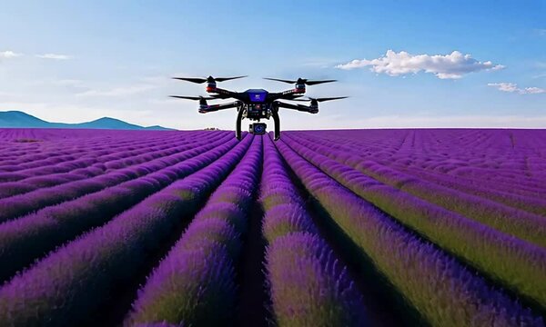 Drone Hovering Over a Lavender Field