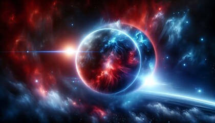 Obraz premium Celestial Body Illuminated by Red and Blue Nebulae