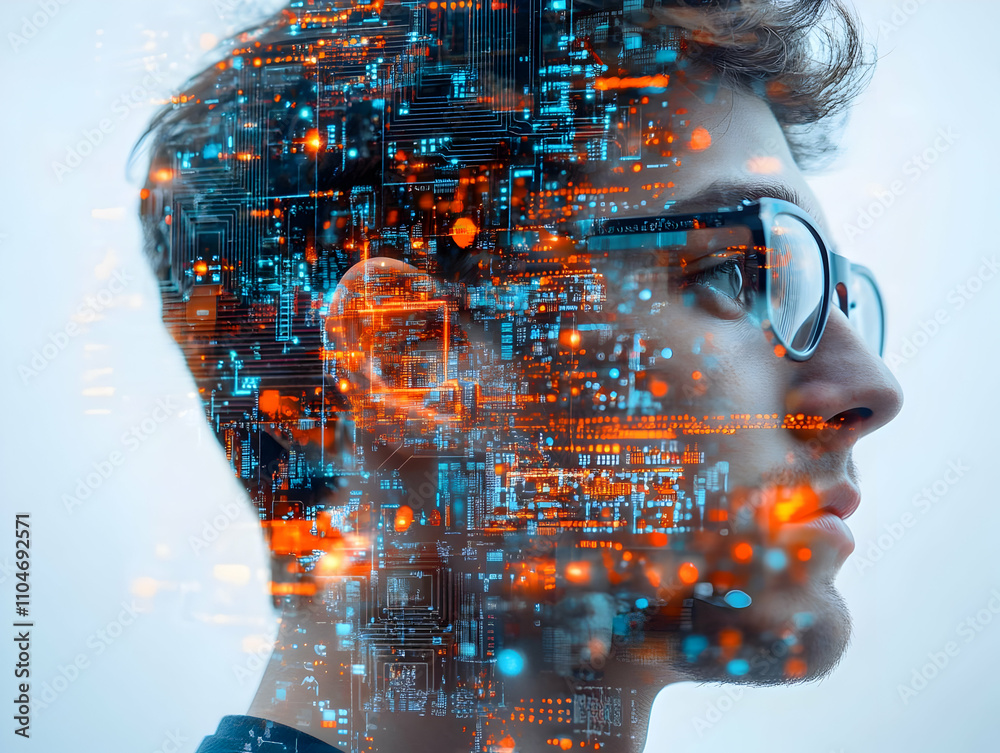 Poster A profile of a person with a digital overlay of circuits and data elements.