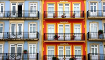 Colorful city apartment buildings with balconies and potted plants