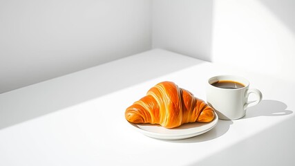 A freshly baked croissant on a plate accompanied by a cup of coffee in bright sunlight