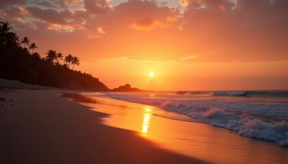 Fototapeta premium Sunset on a beach with palm trees