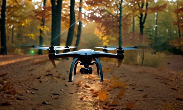 Drone hovering over an Autumnal forest