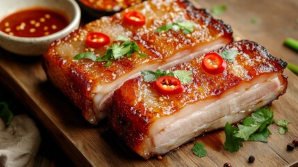 Crispy Pork Belly with Fresh Herbs and Spicy Sauce on Wooden Board