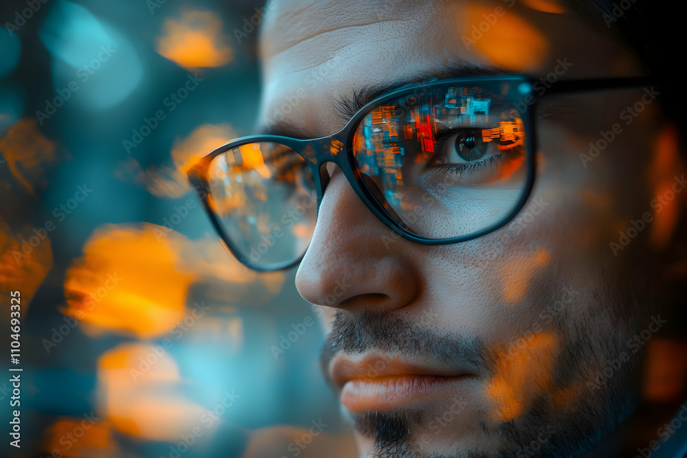 Poster a close-up portrait of a man with glasses reflecting colorful lights.