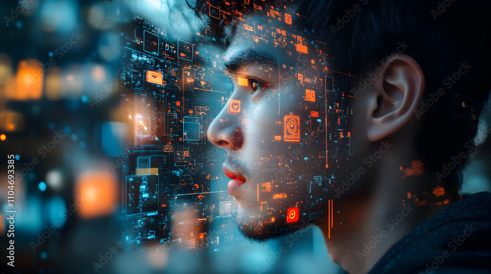 Poster a young man gazes thoughtfully amidst a digital overlay of technology and data.