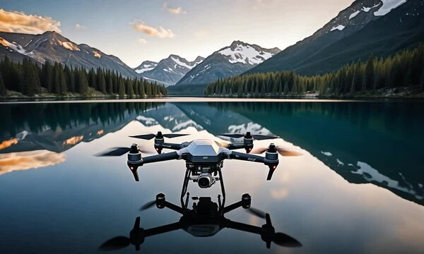 Drone Hovering Above a Serene Alpine Lake