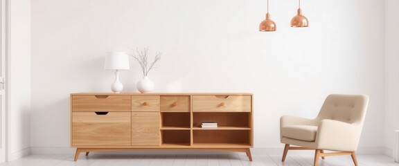 Fototapeta premium Interior with wooden cabinet and armchair 3d rendering