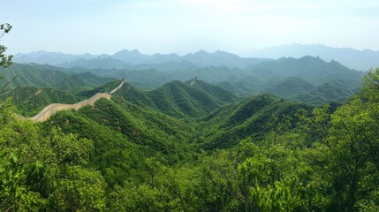 Naklejka premium Panoramic view of the Great Wall of China winding through lush green mountains under a hazy sky.