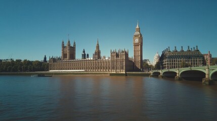 Naklejka premium Panoramic view of the Houses of Parliament and Big Ben in London, UK, on a sunny day, with the Thames River in the foreground and a bridge to the right.