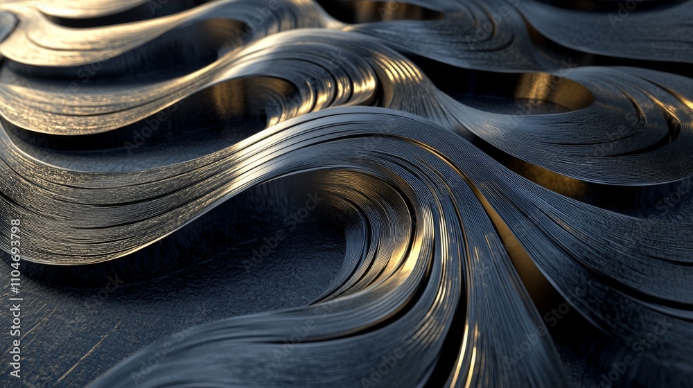 Poster abstract metallic waves with light reflection on dark surface