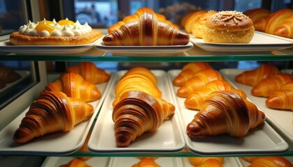 Croissants in a display case, ready to eat