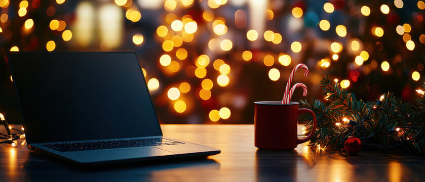 Christmas theme, festive workspace with laptop, candy canes, and holiday lights