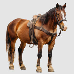 Majestic Brown Horse with Saddle Preparing for Riding in an Outdoor Setting, Showcasing its Strength and Grace under Natural Light Conditions