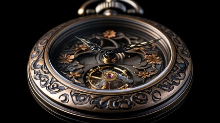 A vintage ornate pocket watch with a visible gear mechanism,  isolated on a black background.