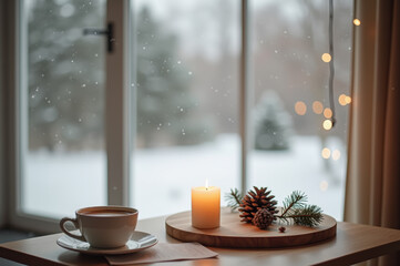 Cozy winter scene with candlelit coffee by the snowy window
