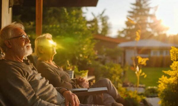 Senior couple relax on a porch in the warm evening light.