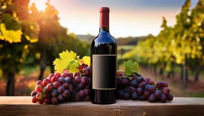 Obraz premium A blank label red wine bottle surrounded by grapes with a blurred background of a vineyard for mock up branding; a single bottle of red wine at a vineyard for mock up and brand placement; graphics