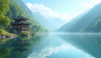 Obraz premium Peaceful riverside pagoda near mountains