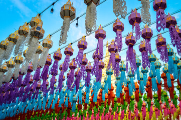 Fototapeta premium Lantern​ Festival​ and Golden Pagoda Lanna Architecture at Wat Phra That Hariphunchai in lamphun, Northern Thailand, South East Asi