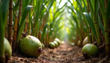 Green bananas growing in a plantation