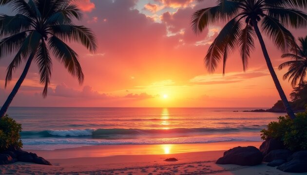 Sunset at the beach with palm trees - Powered by Adobe