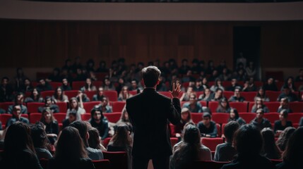 Naklejka premium a speaker presenting to an engaged audience in a theater setting