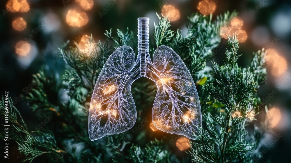 Poster lungs with neural pathway design surrounded by evergreen foliage