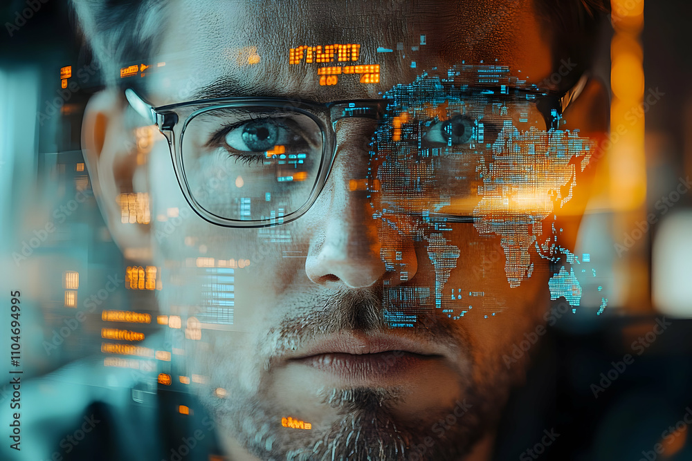 Poster A focused individual with digital overlays of a world map and data visuals on their face.